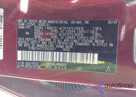 2007 Toyota Tundra Sr5 4.7L V8 from USA, damaged, VIN 5TBBT54177S453421